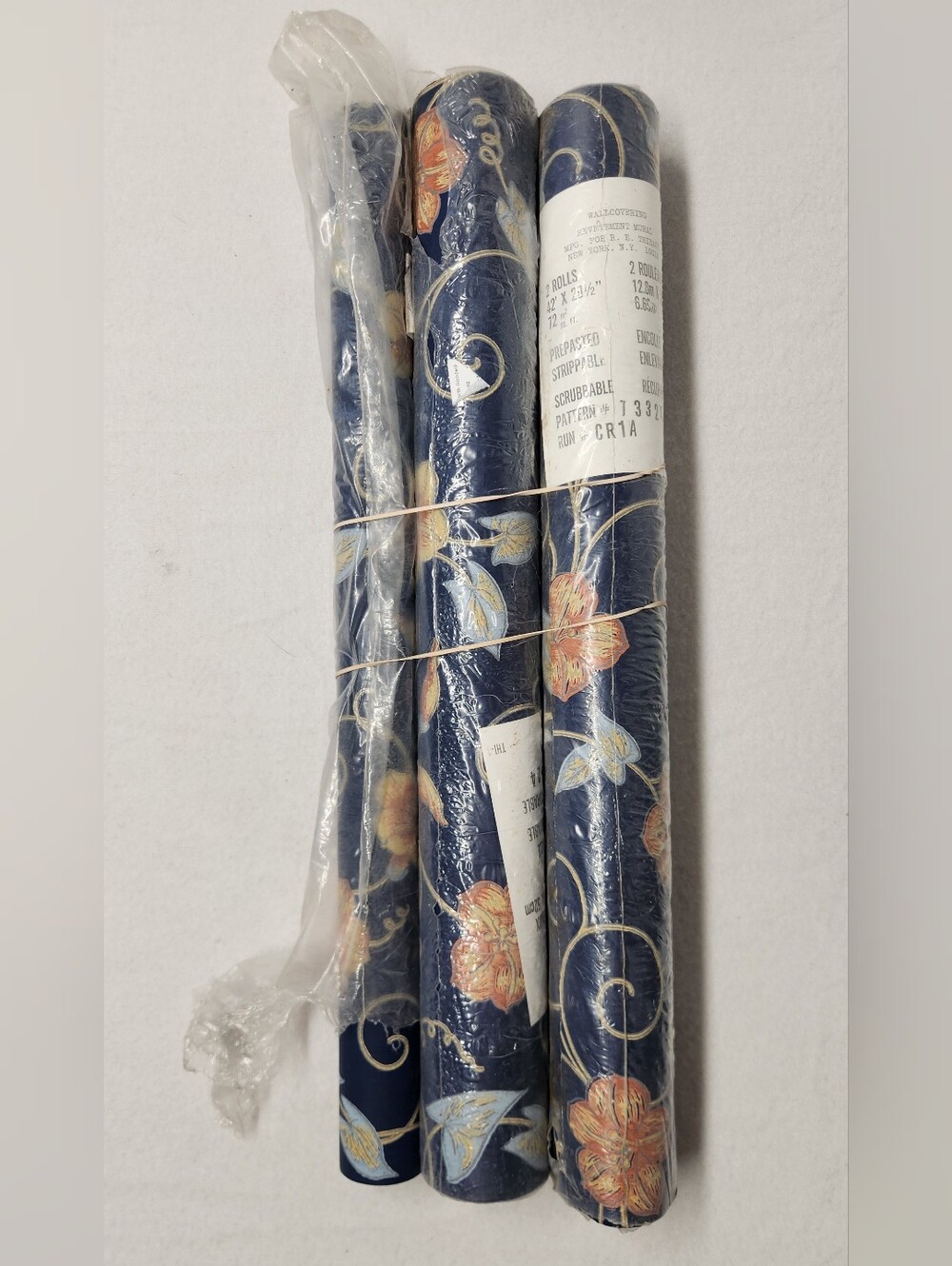 Vintage Thibaut Navy Blue Peach Floral Wallpaper 2.5 Rolls Boho Grandmillennial